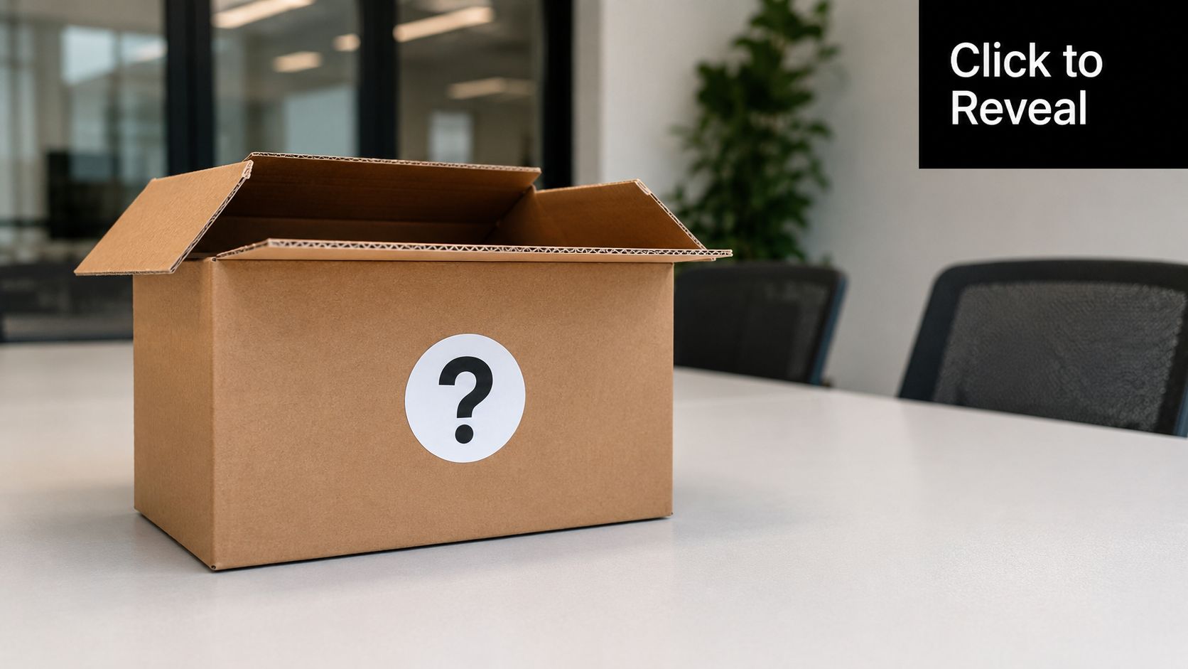 A brown cardboard shipping box sits on a white table featuring a prominent question mark sticker
