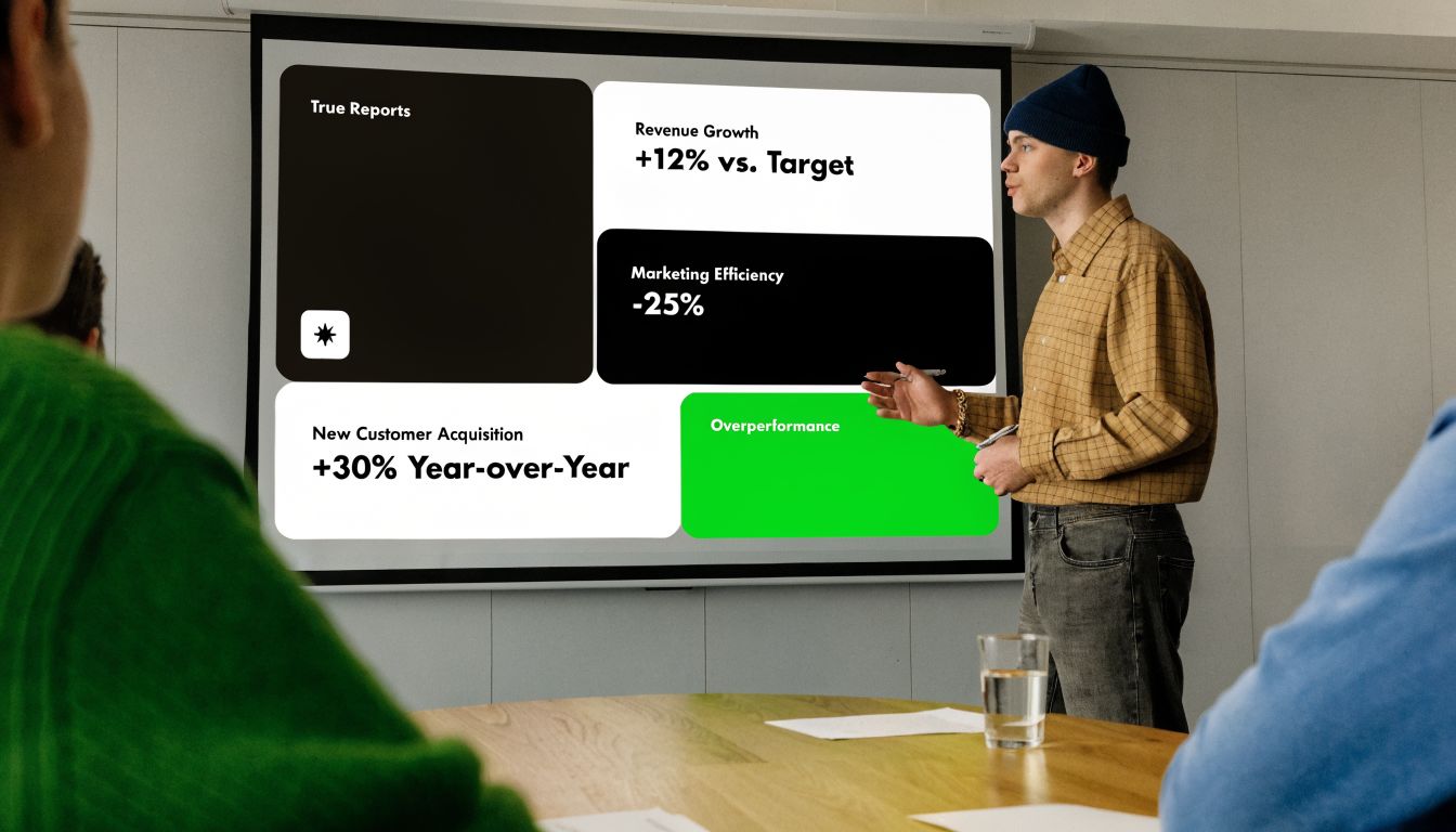 A presenter explaining performance data metrics on a projection screen during a business strategy meeting.