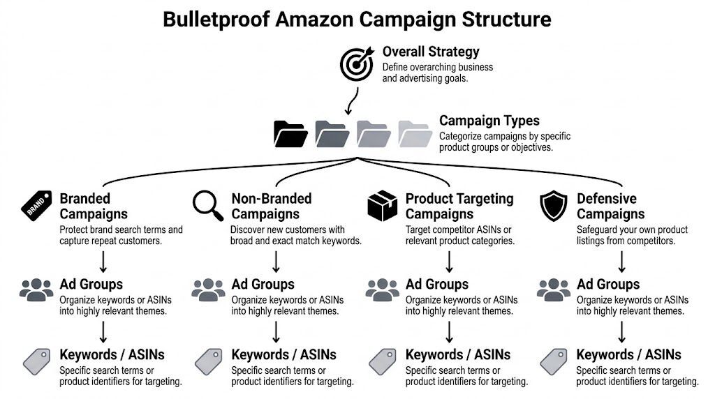 A diagram illustrating a bulletproof Amazon advertising campaign structure with four distinct campaign types and hierarchical organization.