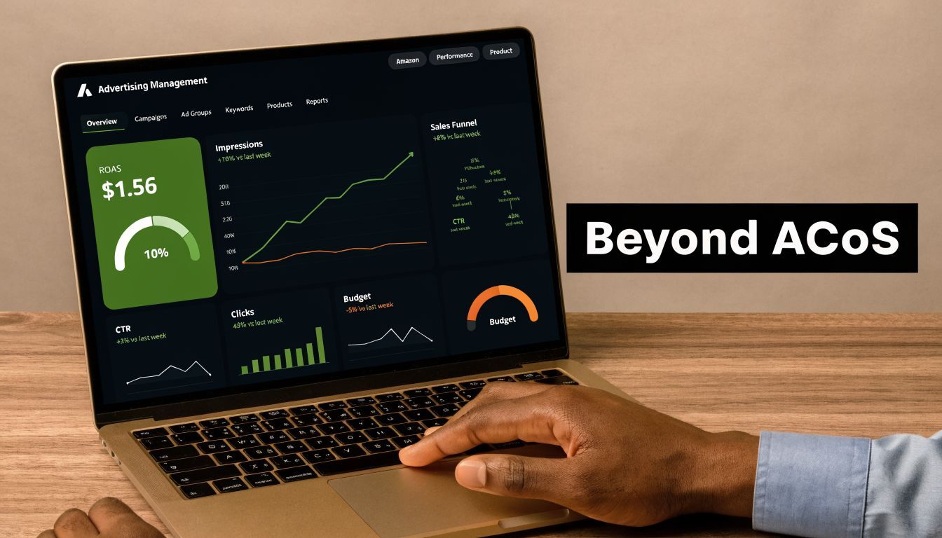 A professional analyzing Amazon advertising metrics on a laptop screen displaying a colorful data dashboard.