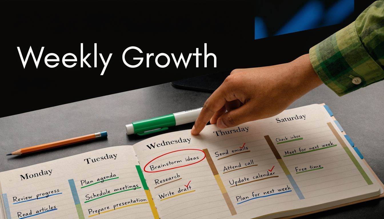 A person pointing to a weekly planner on a desk with tasks listed for each day.