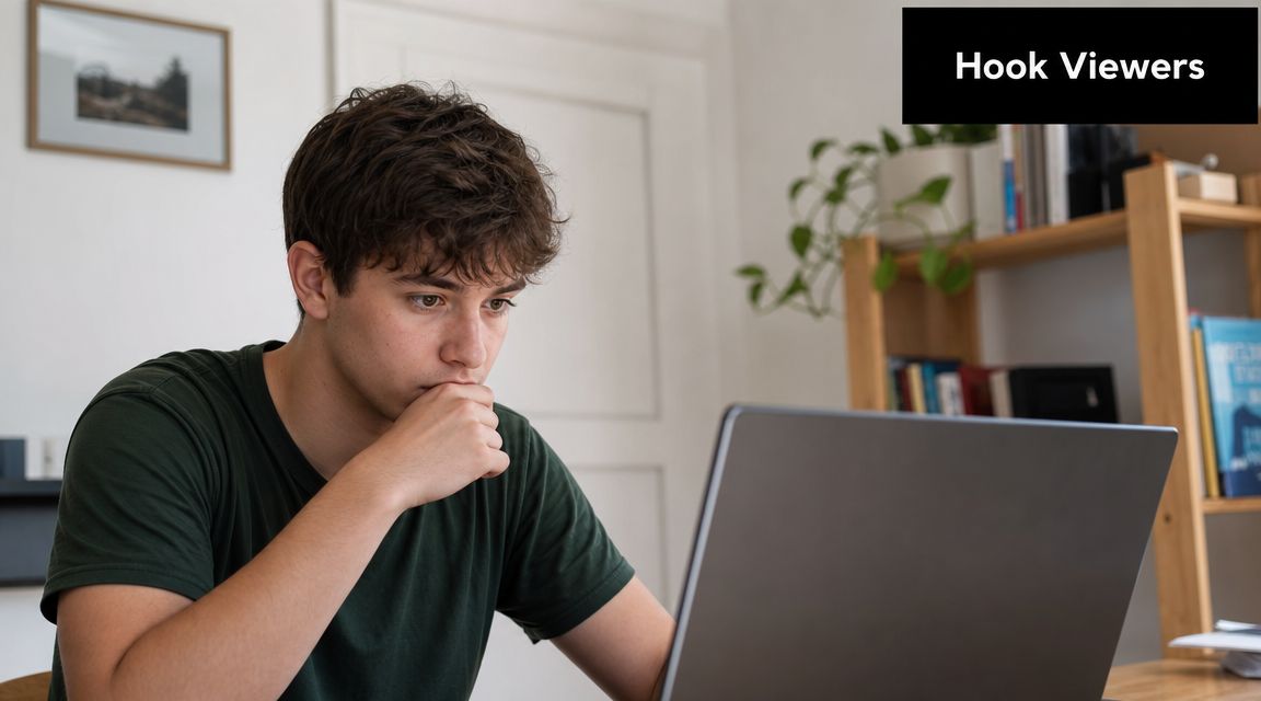 A focused young man wearing a dark green shirt working on his laptop at a wooden desk.
