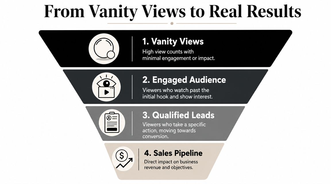 A marketing funnel infographic showing the progression from vanity views to sales pipeline and business revenue.