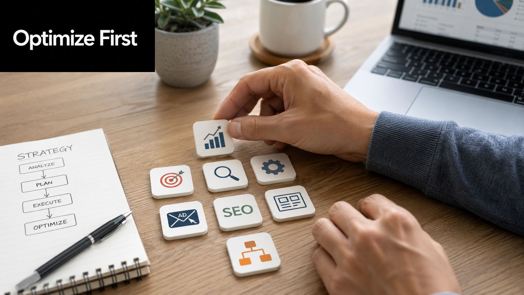 A person arranging digital marketing icon blocks on a wooden desk next to a strategic planning notebook.