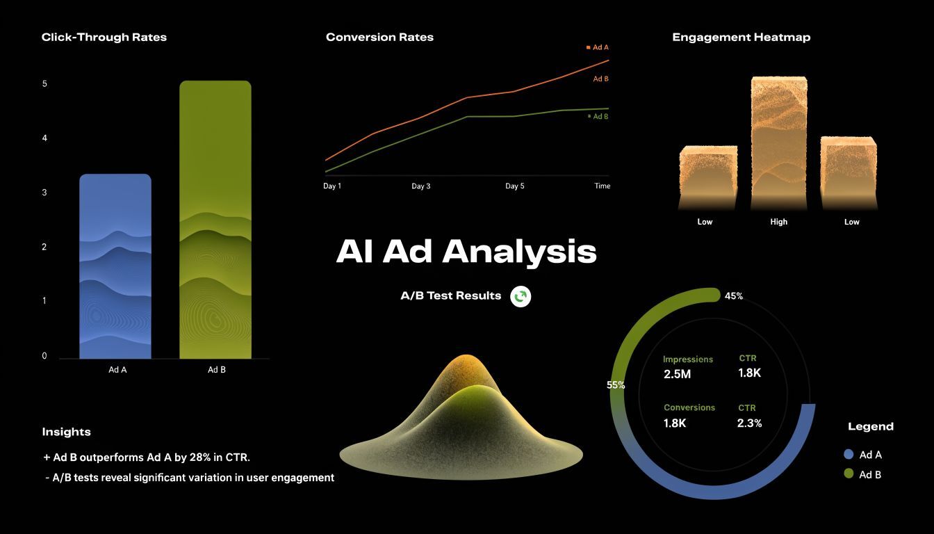A dashboard showing AI ad analysis with A/B test results, click-through rates, conversion rates, and engagement heatmaps.