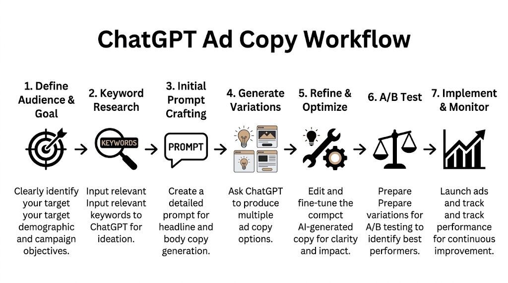 A seven-step flowchart illustration outlining the process of creating and managing advertising copy using ChatGPT.