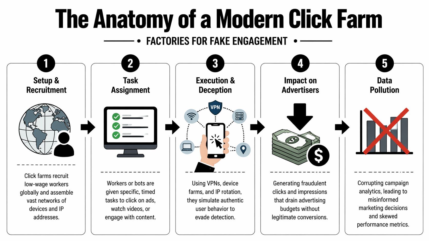 A five-step infographic showing how click farms operate to generate fraudulent online advertising engagement and data pollution.