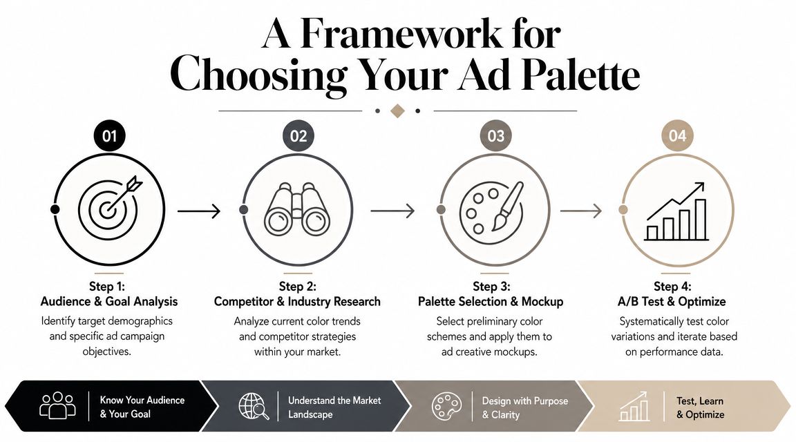 A four-step framework infographic for choosing an ad palette involving audience analysis, market research, design, and testing.