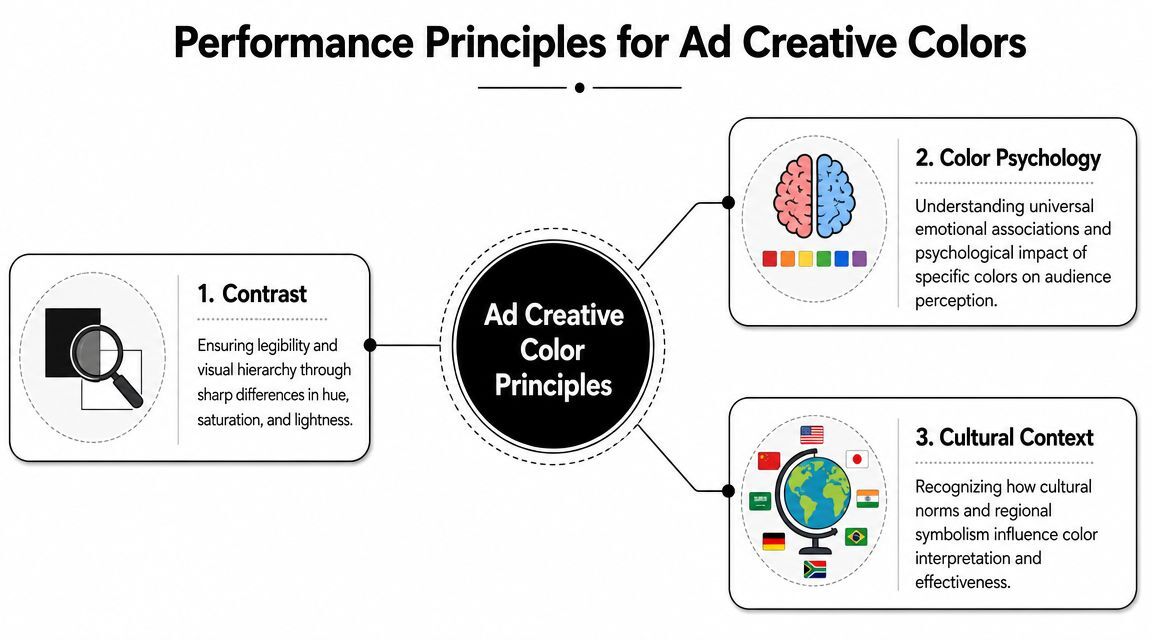 An infographic titled Performance Principles for Ad Creative Colors explaining Contrast, Color Psychology, and Cultural Context.