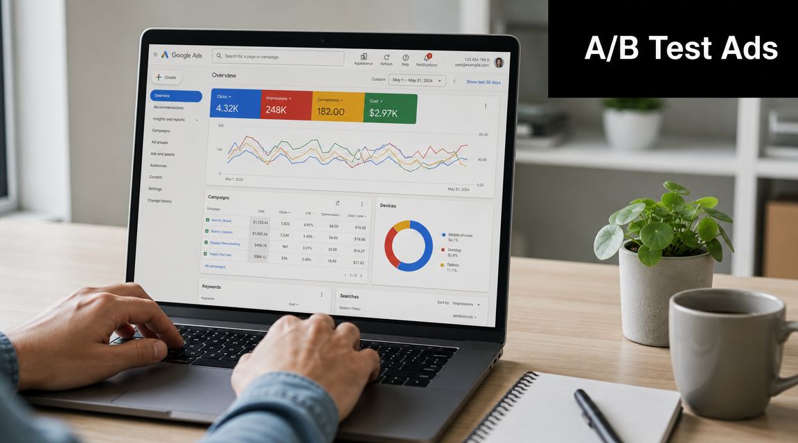 A person using a laptop to view a Google Ads analytics dashboard with performance charts and statistics.