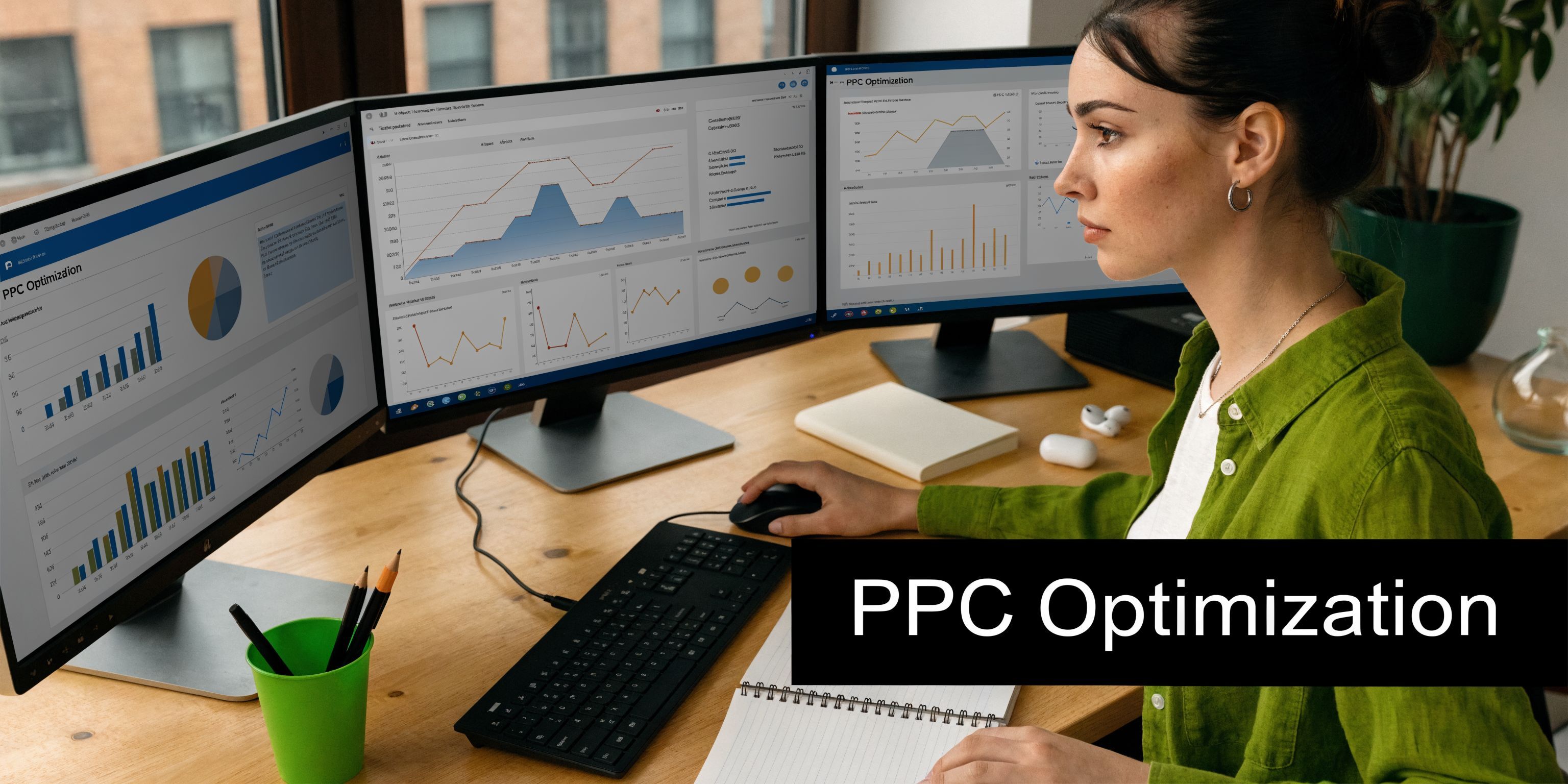 A professional woman working at a multi-monitor computer setup analyzing PPC optimization data and marketing performance metrics.
