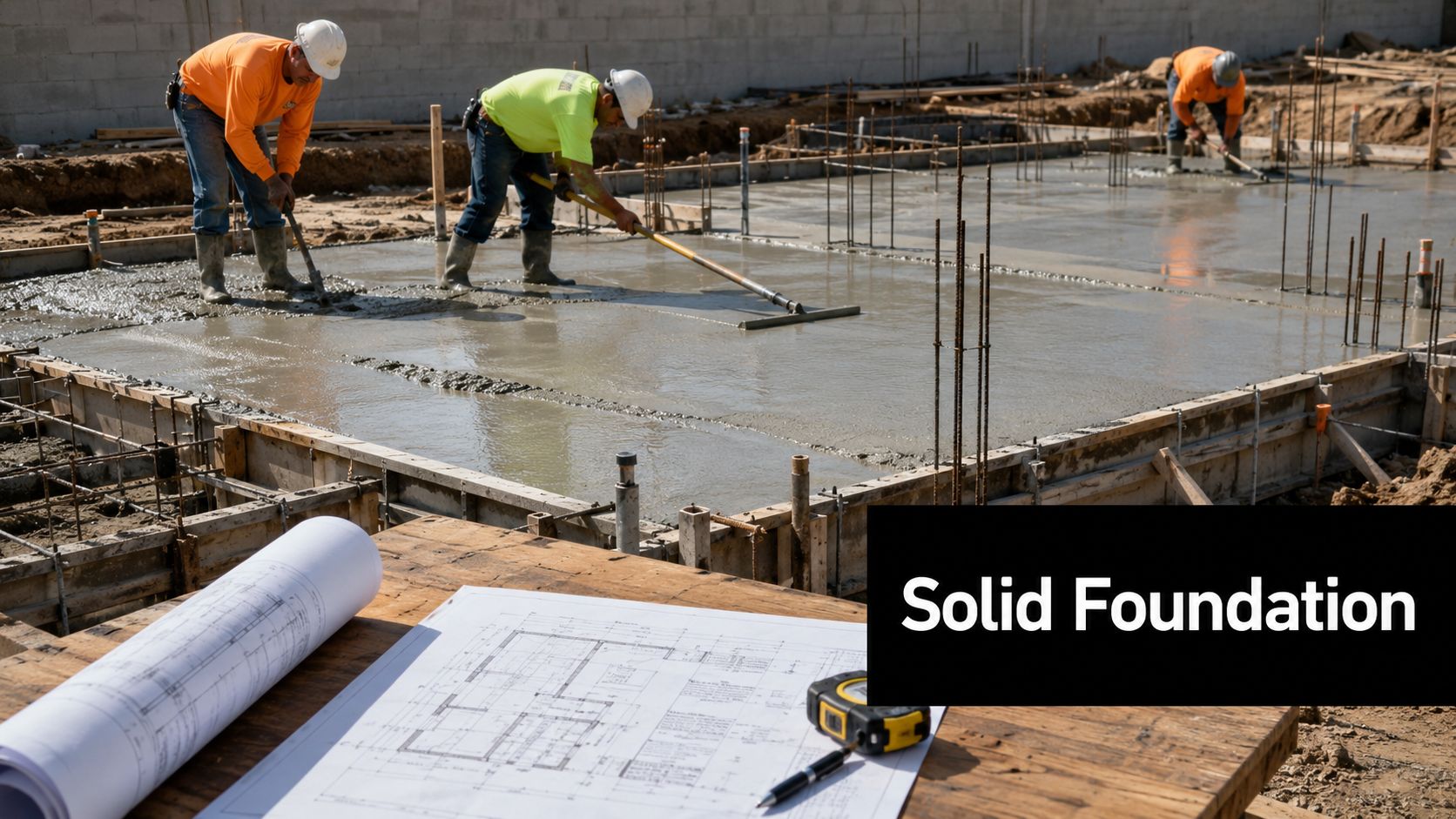 Construction workers leveling wet concrete on a residential foundation near architectural blueprints on a wooden table.