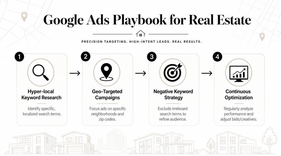 A four-step infographic showing a strategic Google Ads playbook for real estate digital marketing success.