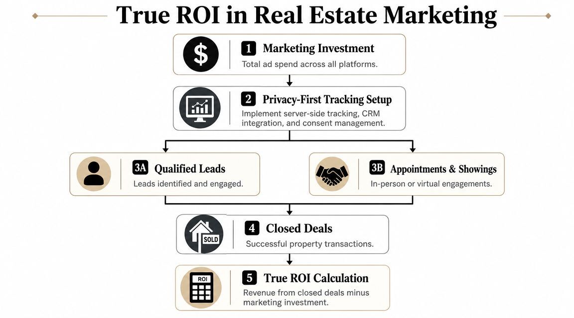 A flow chart illustrating the five-step process to calculate true return on investment in real estate marketing.