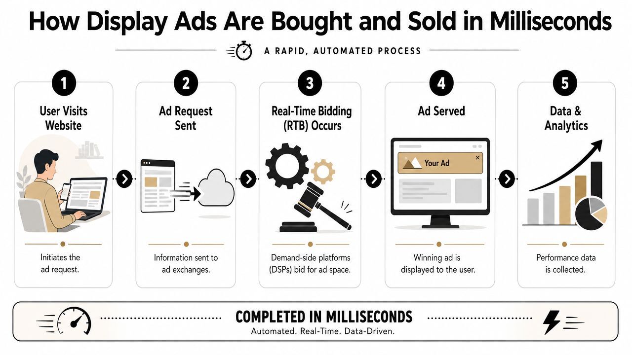 A diagram illustrating the five-step automated process of how display ads are bought and sold in milliseconds.