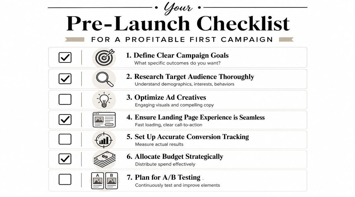 A seven-step pre-launch marketing checklist for creating a profitable first advertising campaign for your business.