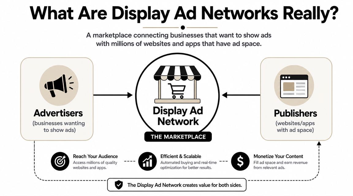 A diagram illustrating how display ad networks connect advertisers with publishers to provide mutual value.
