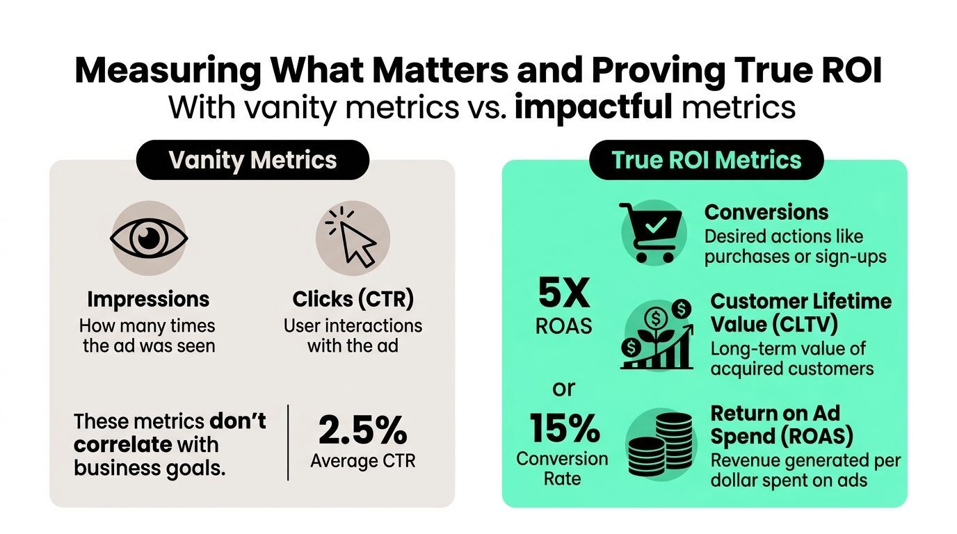 A comparison infographic showing the difference between vanity metrics like impressions and clicks versus impactful ROI metrics.