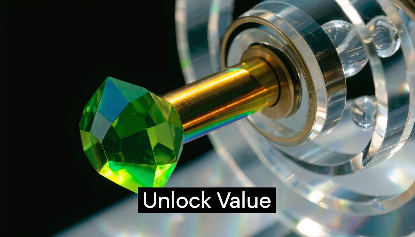 A close-up view of a green faceted gemstone crystal attached to a rotating mechanical pivot mechanism.