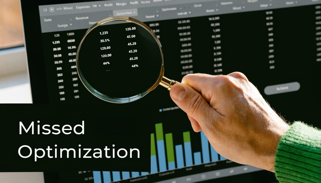 A hand holding a magnifying glass over a computer screen showing complex financial data and analytics.