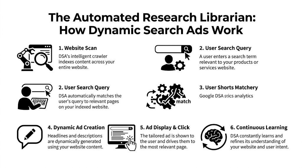 A diagram illustrating the six-step automated process of how Google Dynamic Search Ads function for websites.