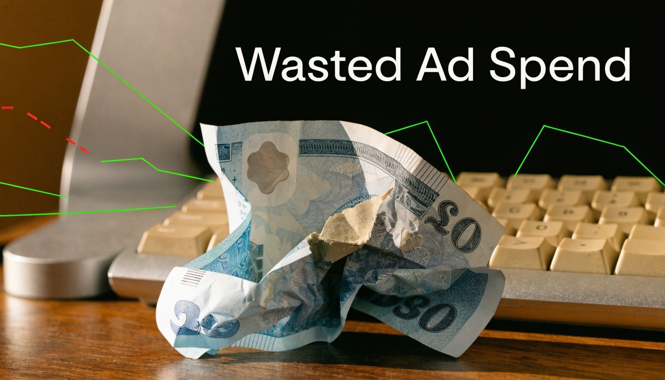 A crumpled twenty pound note sits on a desk in front of a keyboard symbolizing wasted ad spend.