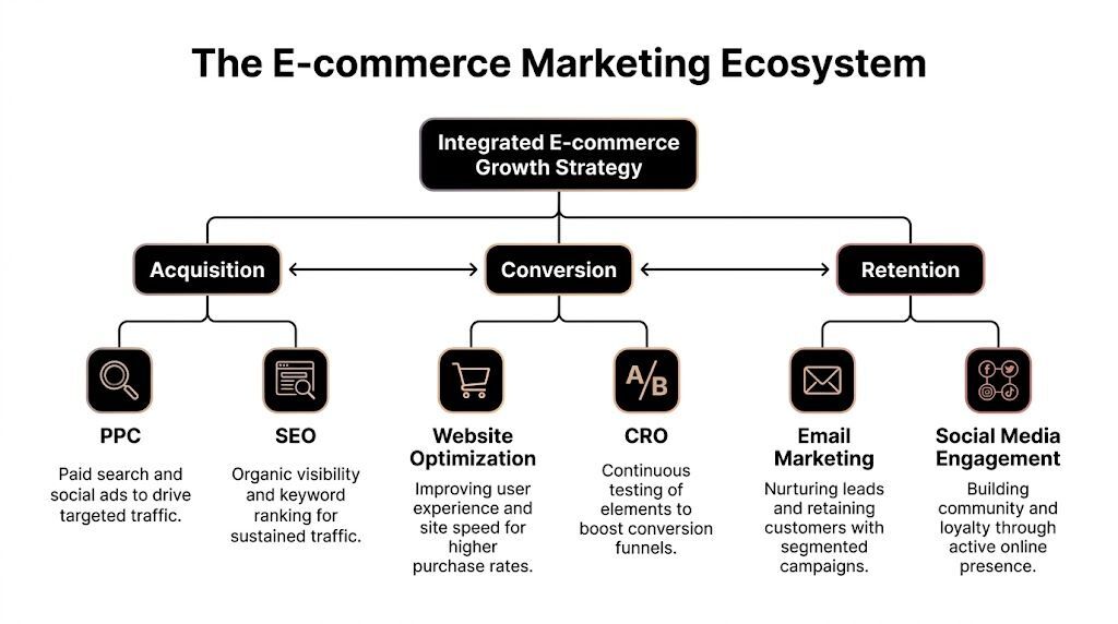 A diagram illustrating the E-commerce Marketing Ecosystem showing acquisition, conversion, and retention strategies with specific marketing tactics.