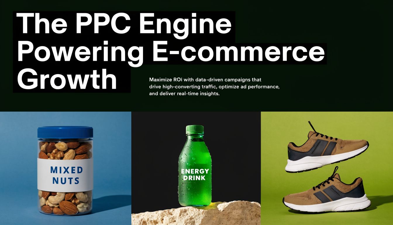Promotional graphic for PPC engine services displaying jars of nuts, an energy drink, and athletic shoes.
