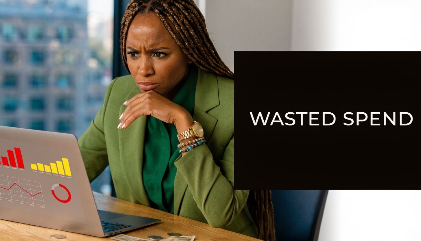 A concerned woman analyzing business charts on her laptop, illustrating the concept of wasted marketing spend.