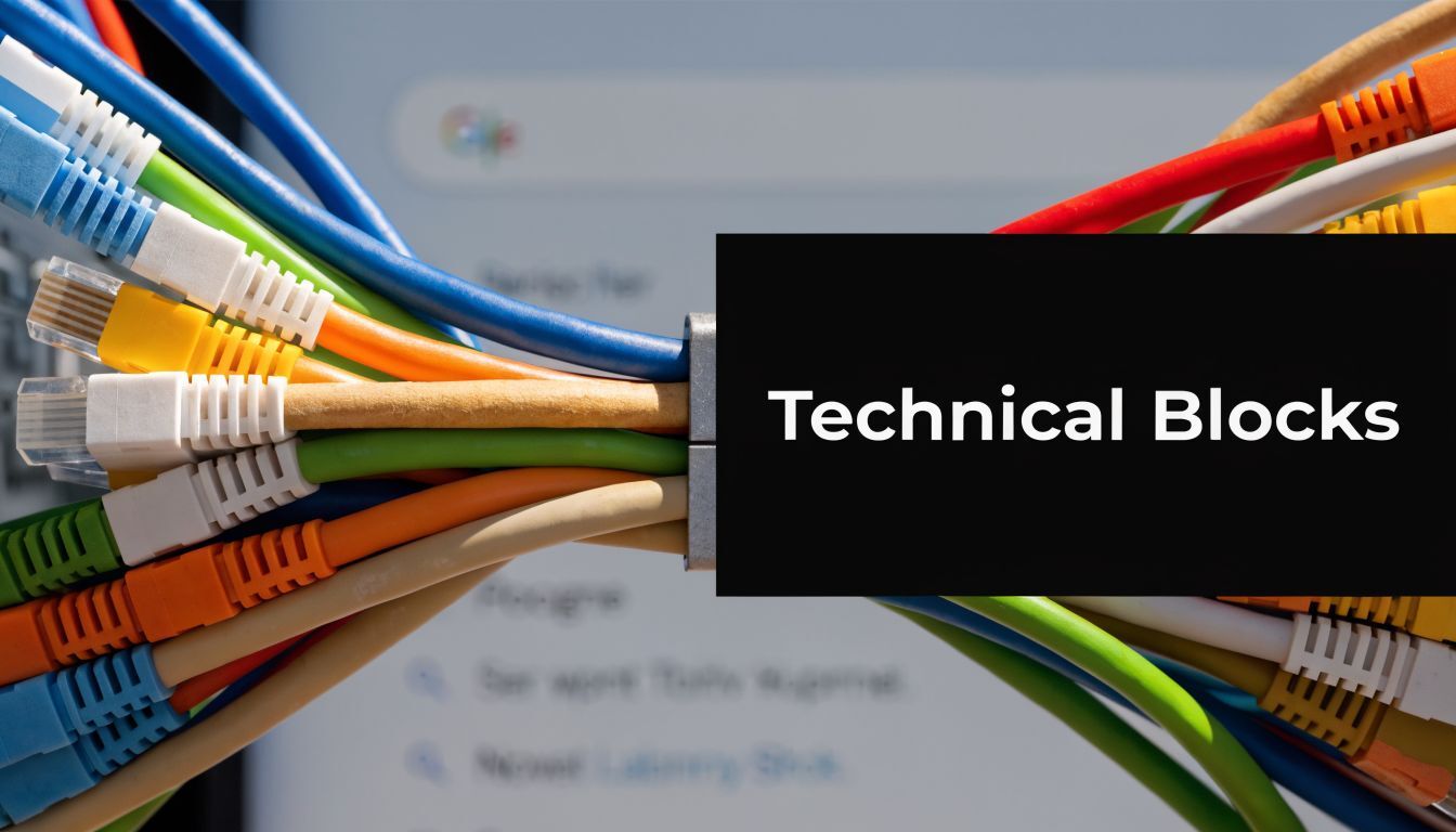 A cluster of colorful ethernet cables converging into a black box labeled with the text Technical Blocks.