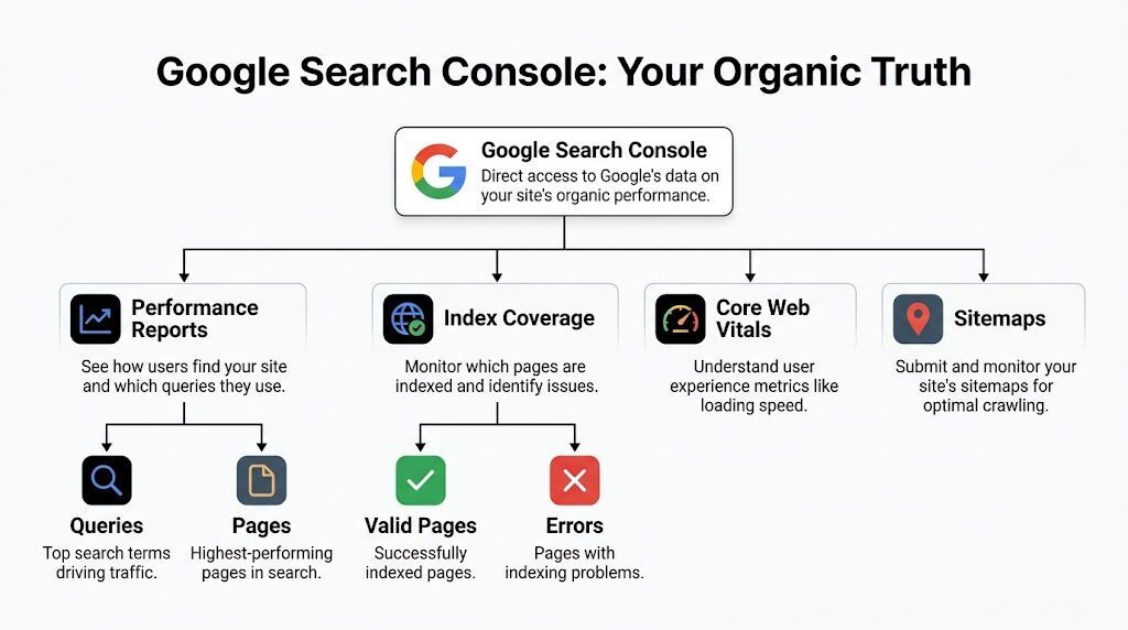 A diagram illustrating Google Search Console features including performance reports, index coverage, core web vitals, and sitemaps.