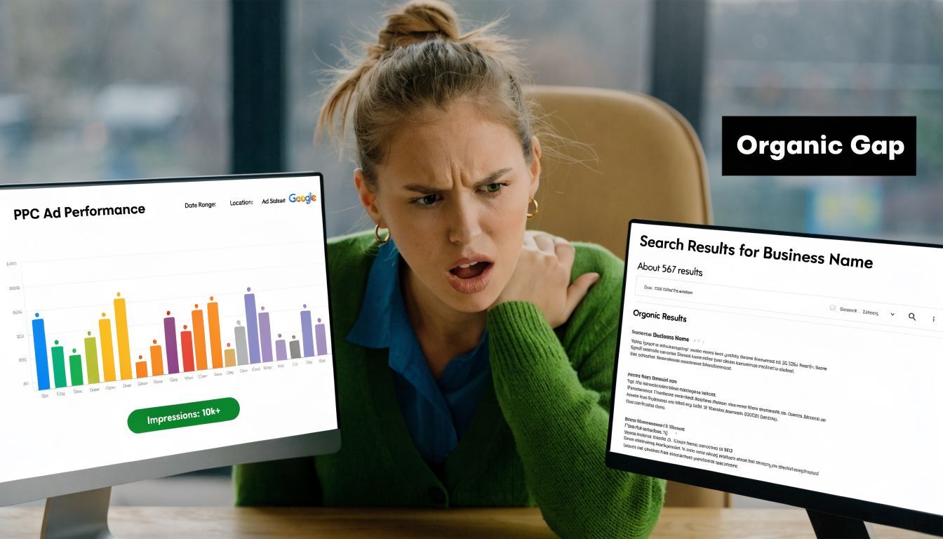 A confused woman looking at monitors showing PPC performance data and search engine results for a business.
