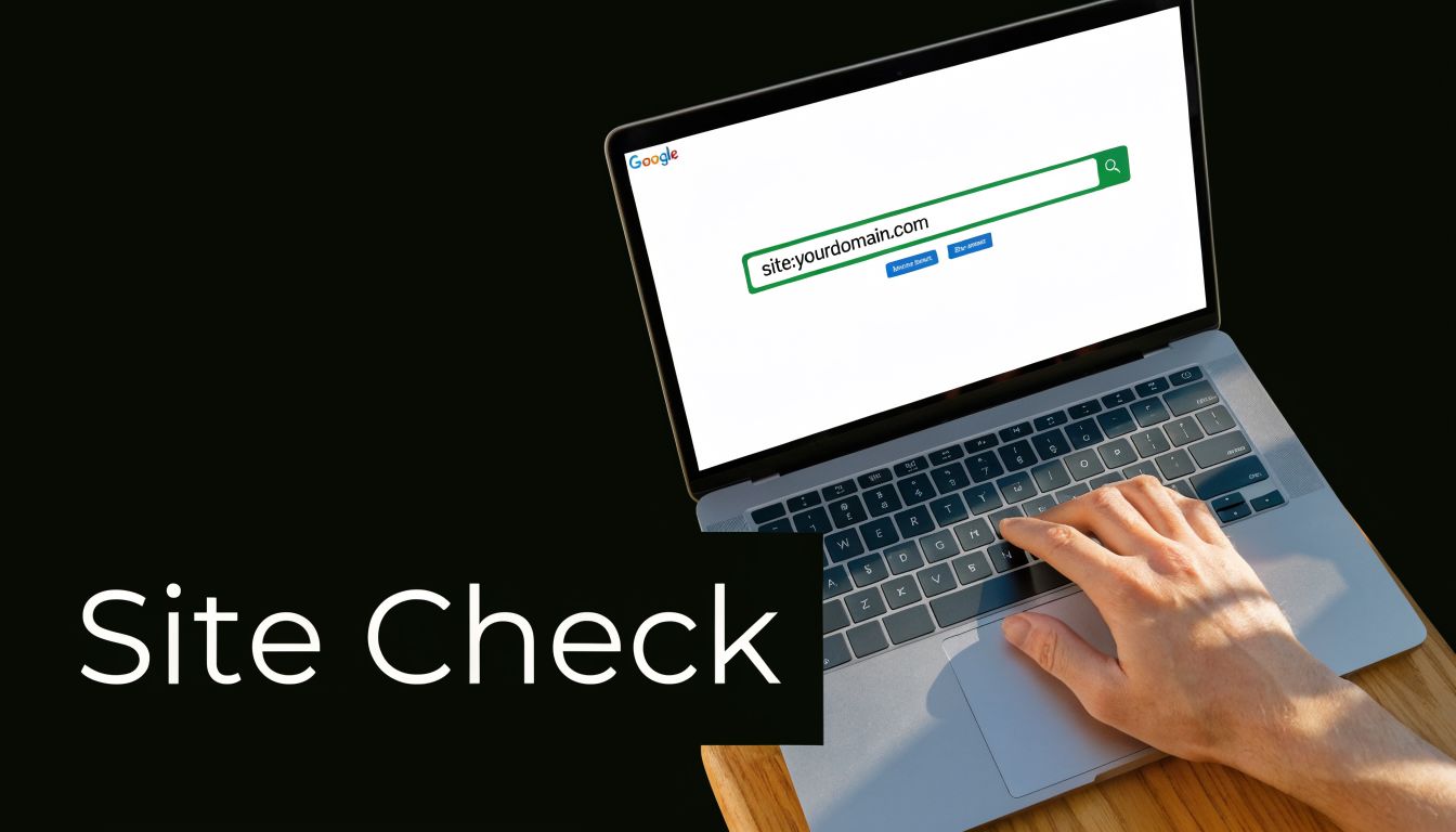 A person using a laptop to perform a site search on Google for their domain name online.