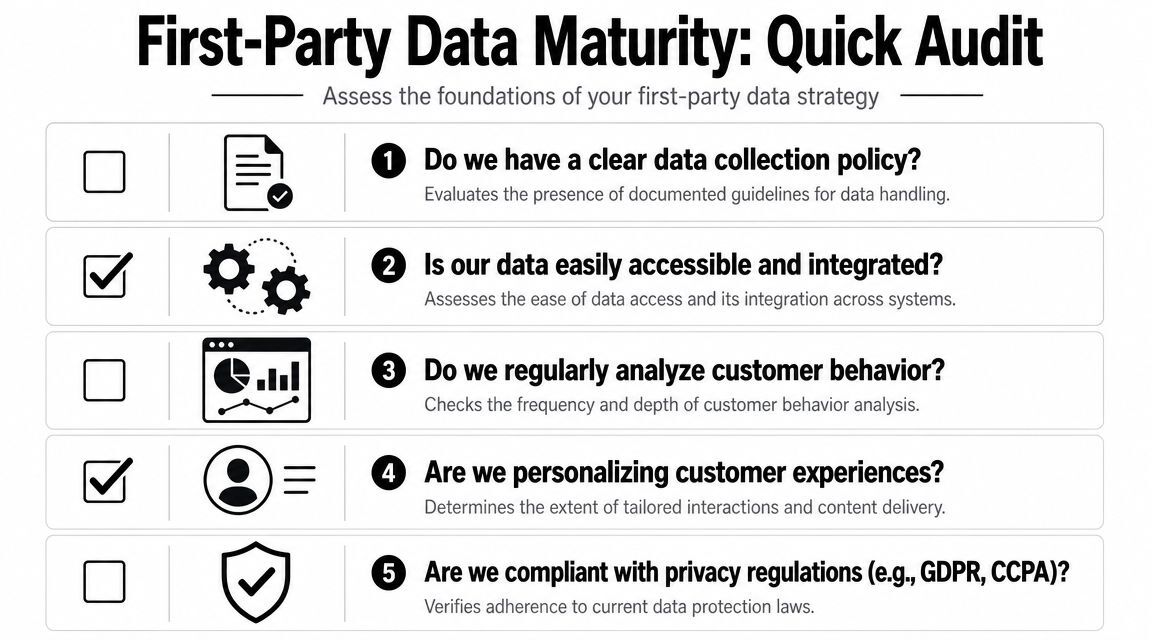 A checklist titled First-Party Data Maturity Quick Audit for assessing an organization's data strategy foundations.