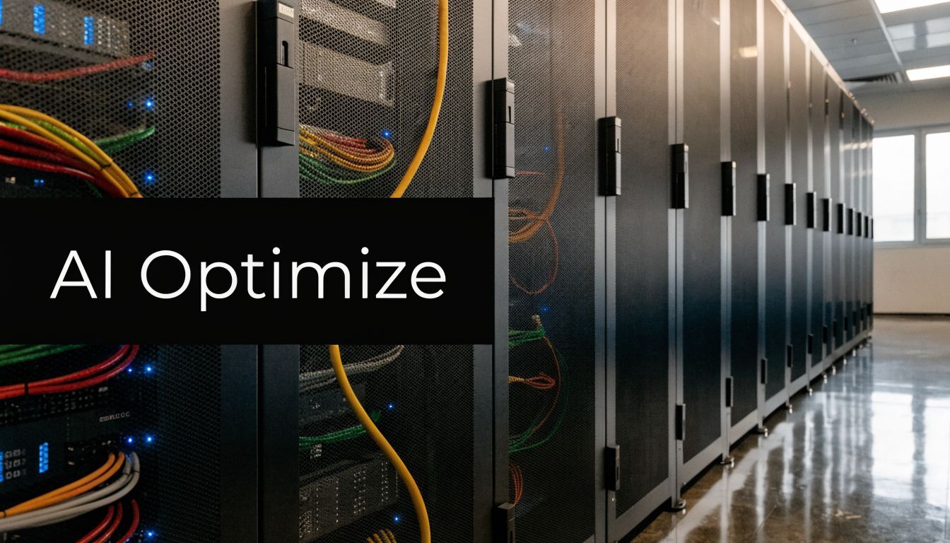 A row of black server cabinets in a data center with the text AI Optimize overlaid.