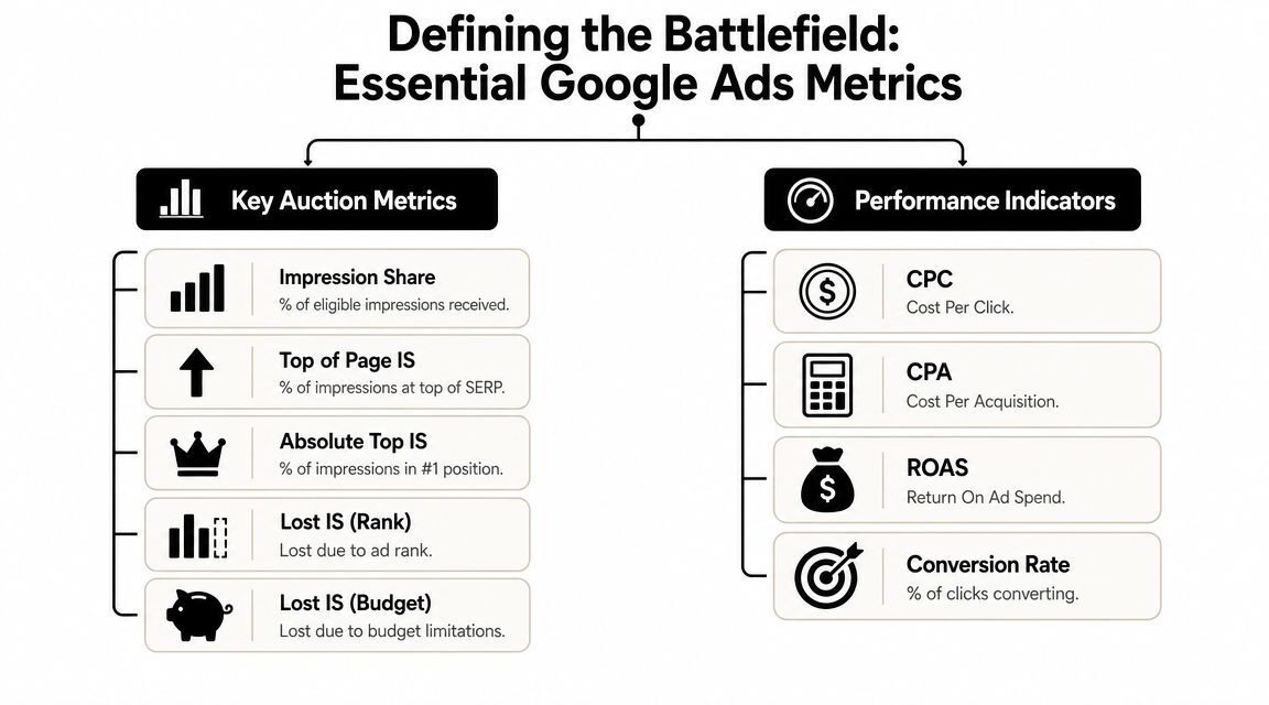 A diagram categorizing essential Google Ads metrics into key auction metrics and performance indicators for digital marketing.