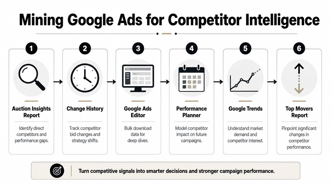 A six-step infographic showing how to use Google Ads tools to gain competitor business intelligence.