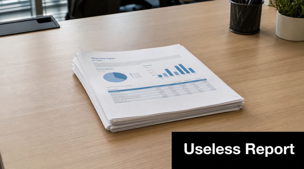 A stack of quarterly business reports sits on a clean wooden office desk for financial review.