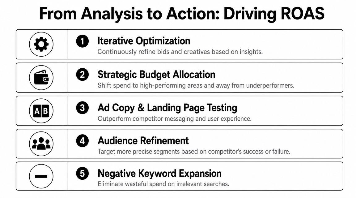 A list of five strategic steps to improve ROAS through iterative optimization, budget allocation, and testing tactics.