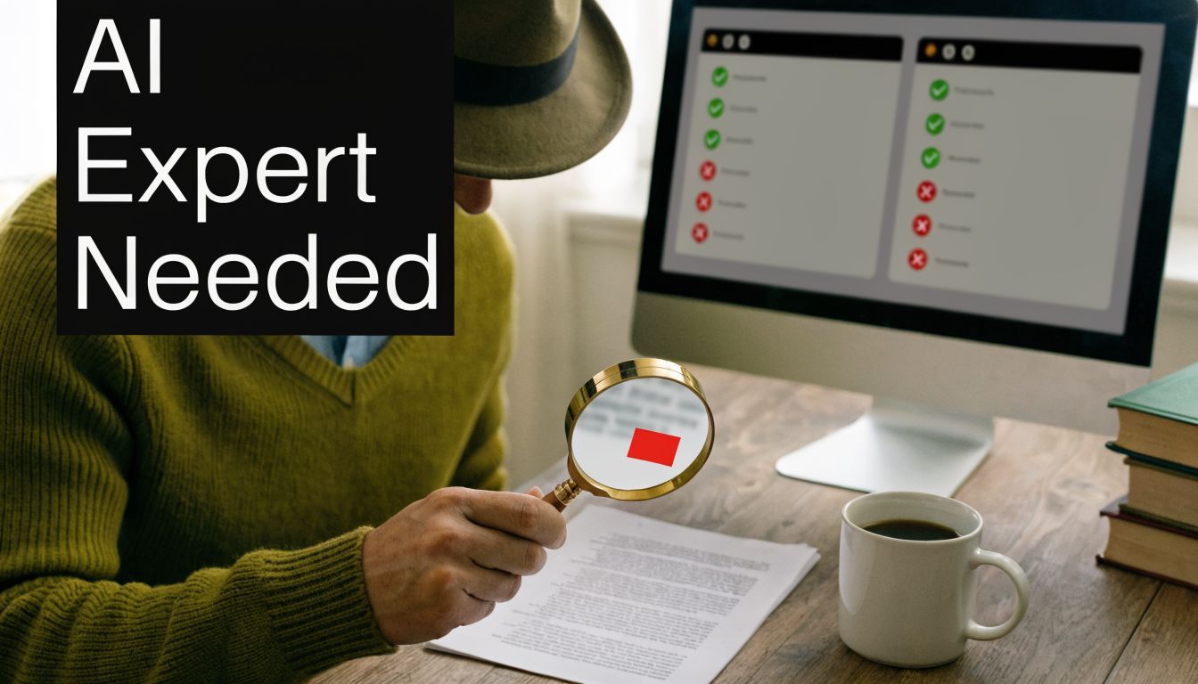 A person in a hat holding a magnifying glass over documents while working at a computer.