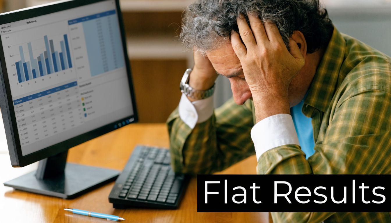 A frustrated businessman holding his head while looking at flat performance charts on his computer screen.