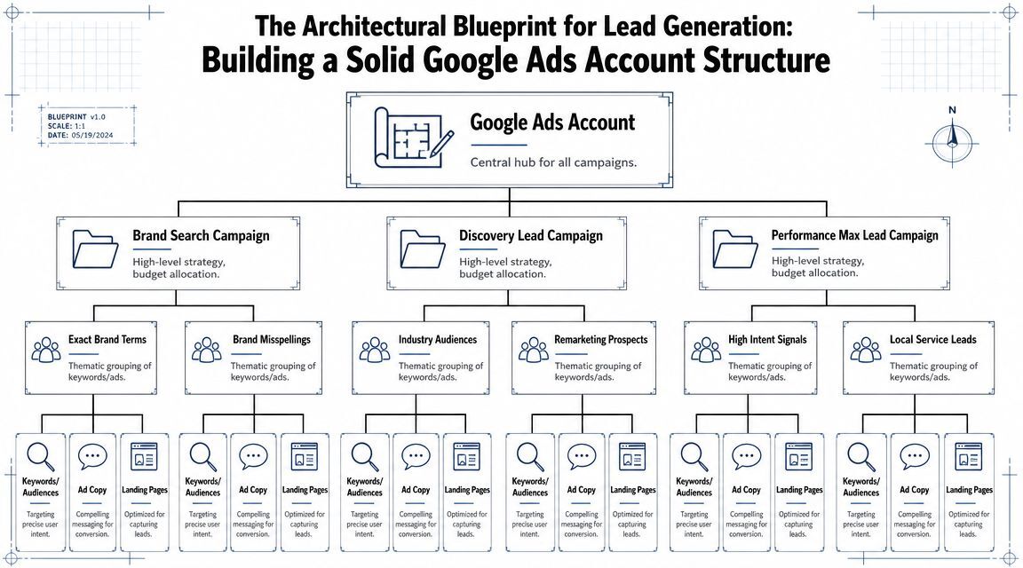 A structured blueprint diagram detailing the hierarchy and account structure for lead generation using Google Ads.