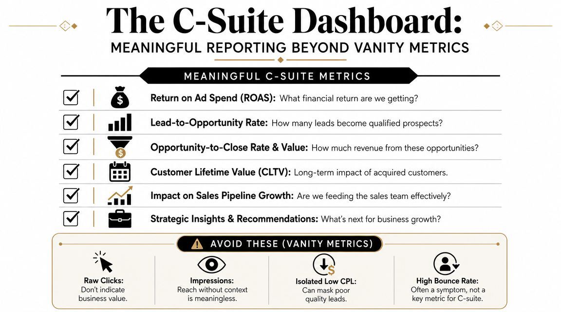 A marketing infographic comparing meaningful C-Suite performance metrics versus vanity metrics for business reporting.