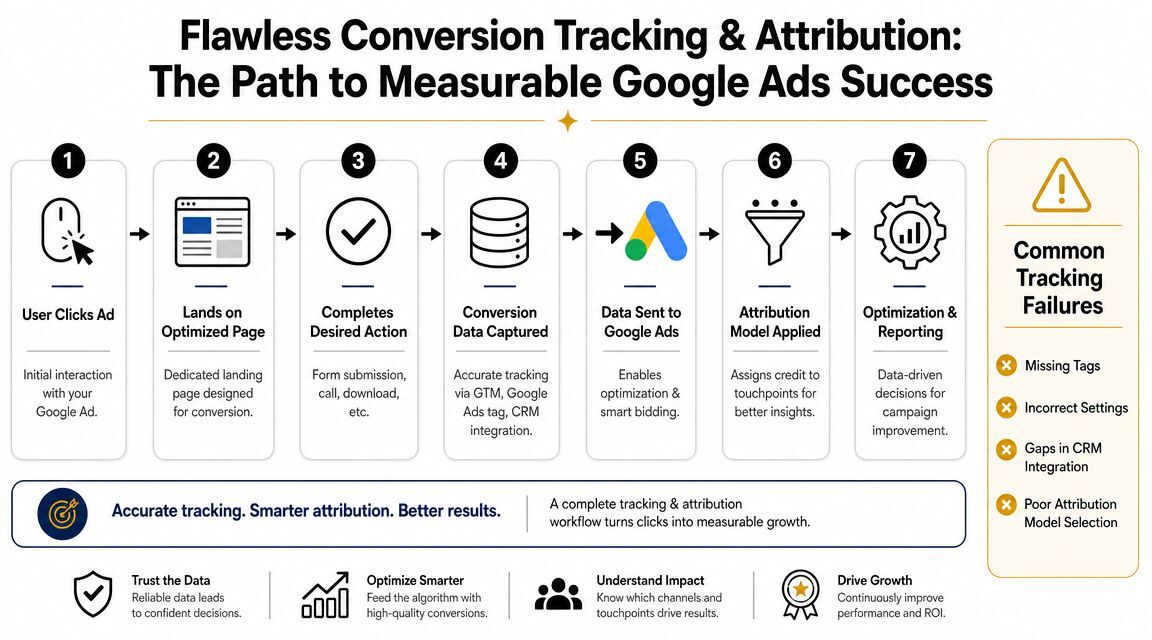 A seven-step infographic showing the conversion tracking and attribution workflow for successful Google Ads campaigns.