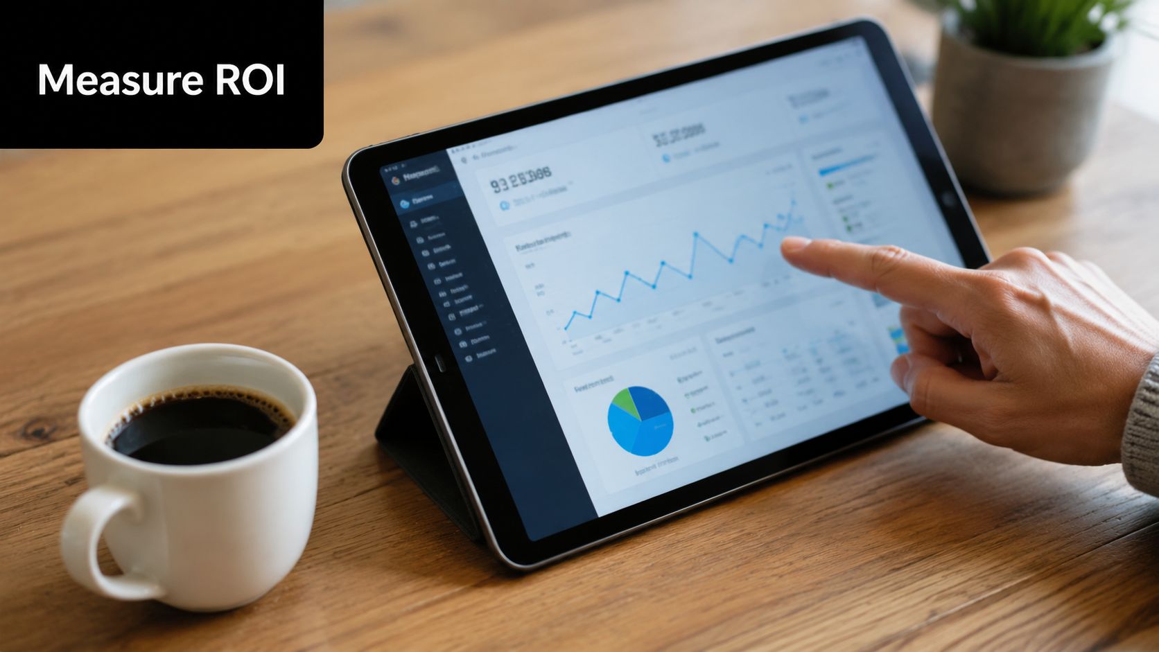 A person analyzing business performance data on a tablet screen next to a cup of coffee.