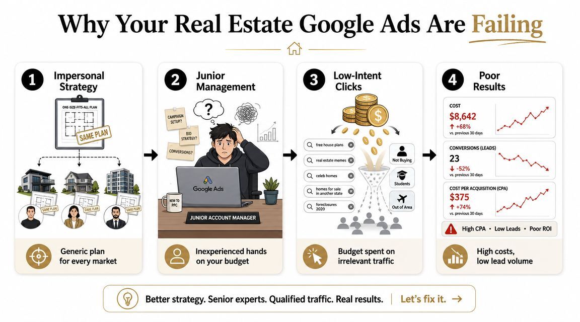 An infographic illustrating four common reasons why real estate Google Ads campaigns fail to produce results.