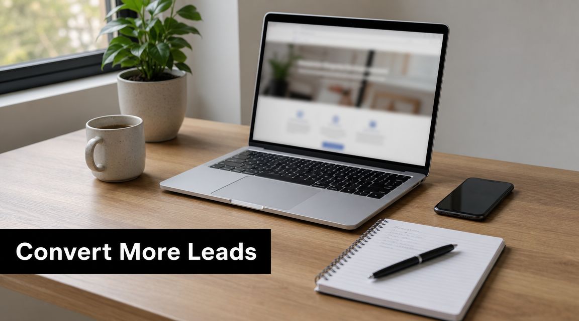 A modern workspace with a laptop, notebook, pen, coffee, and phone, featuring the text Convert More Leads.