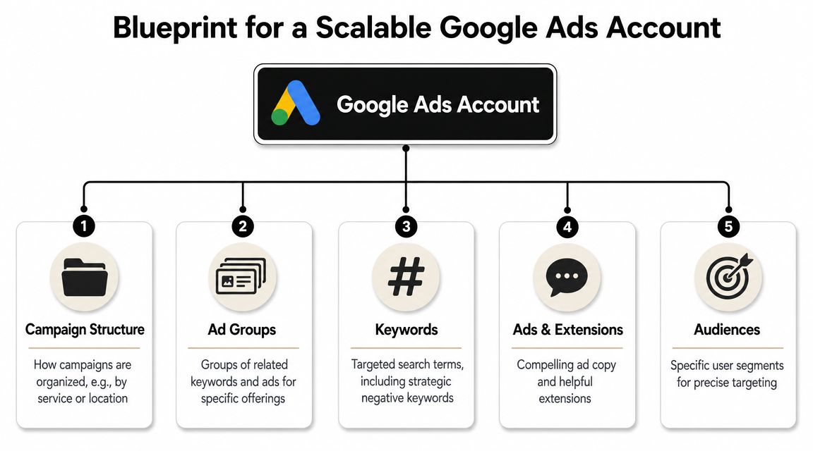 A diagram illustrating the blueprint for a scalable Google Ads account through five essential structural components.