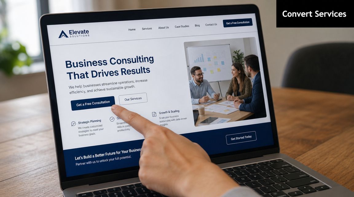A hand pointing at the Get a Free Consultation button on a business consulting website on laptop.