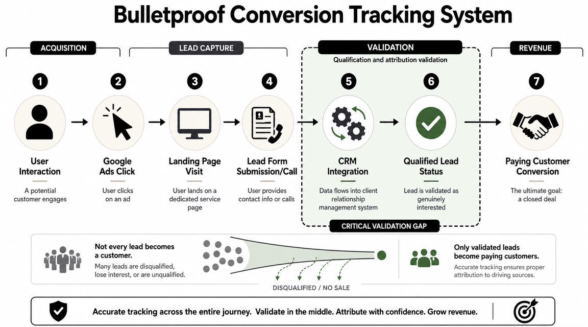 A diagram outlining a seven-step bulletproof conversion tracking system for service businesses from interaction to revenue.